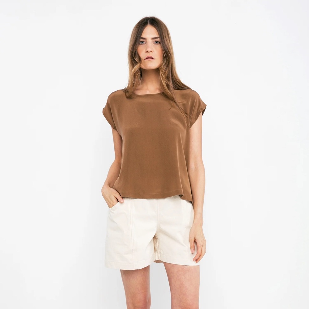 Elizabeth Suzann Brown Cap Sleeve Silk Blouse